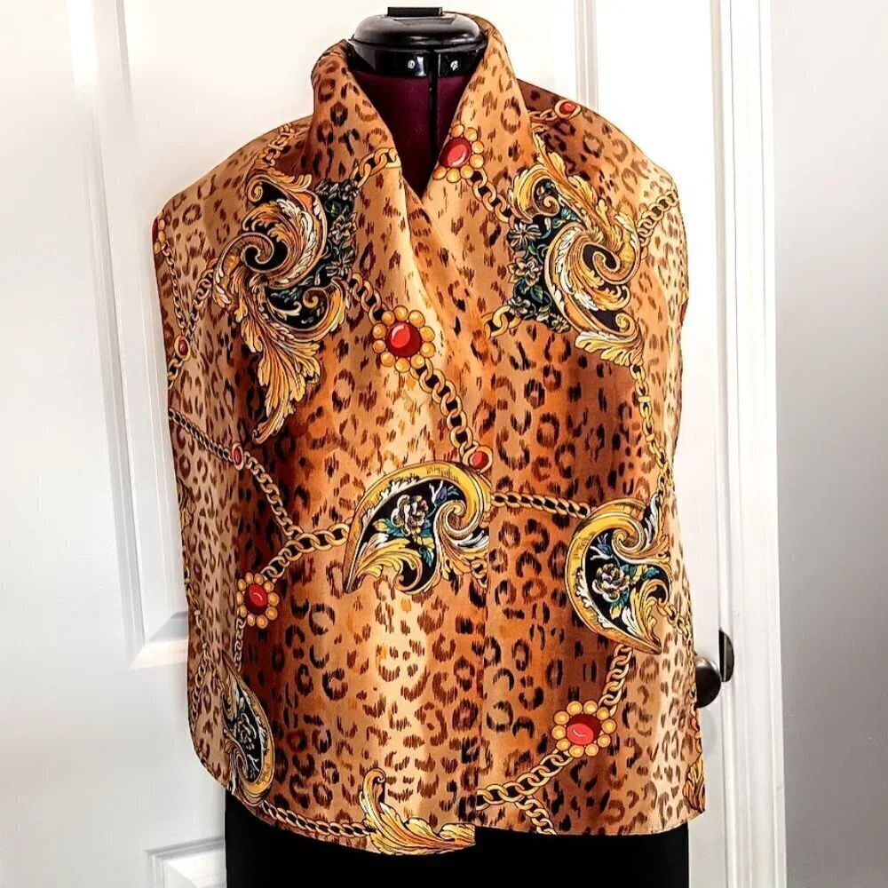 Vintage Gold Chain Print Pure Silk Oblong Scarf